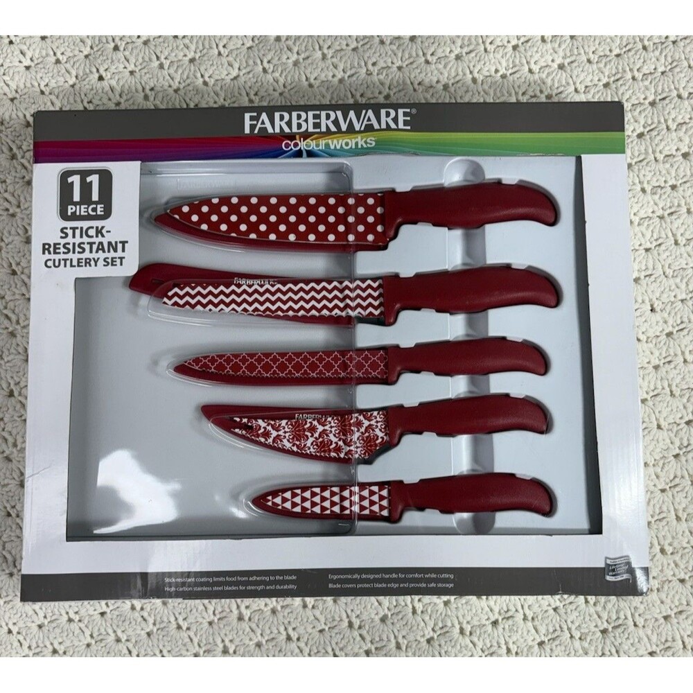 FARBERWARE 11 PIECE COLOURWORKS COLORWORKS RED KITCHEN KNIFE SET CUT BOARD NEW